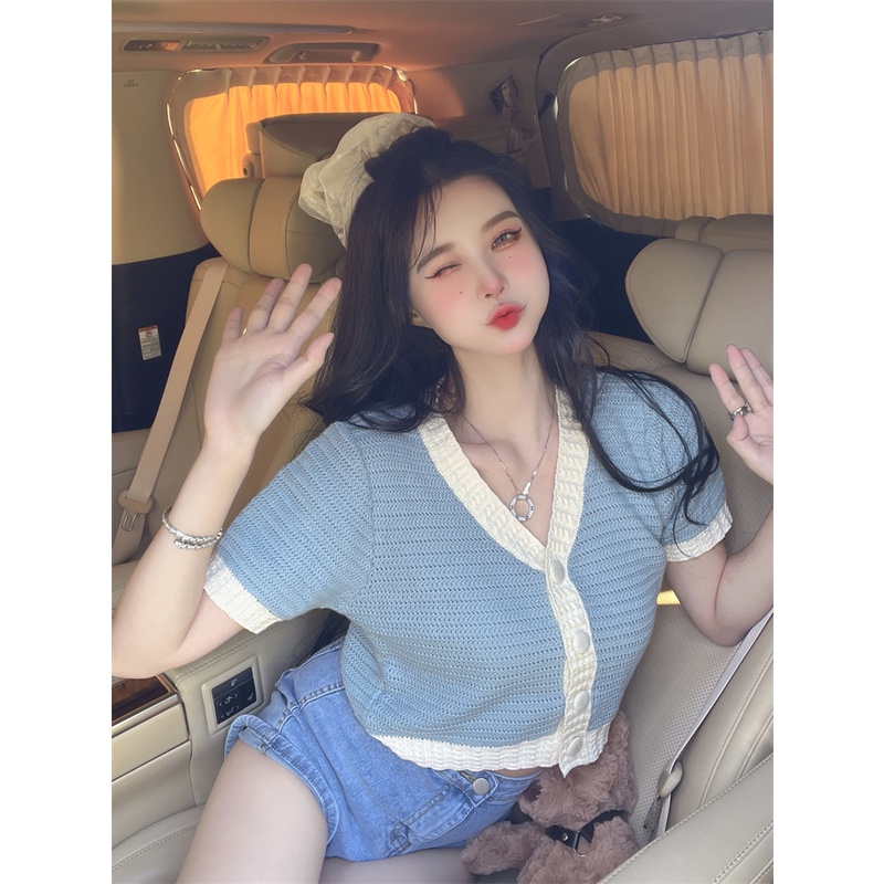 Áo Dệt Kim Ngắn Cổ Chữ V Thời Trang Hàn Quốc Cho Nữ