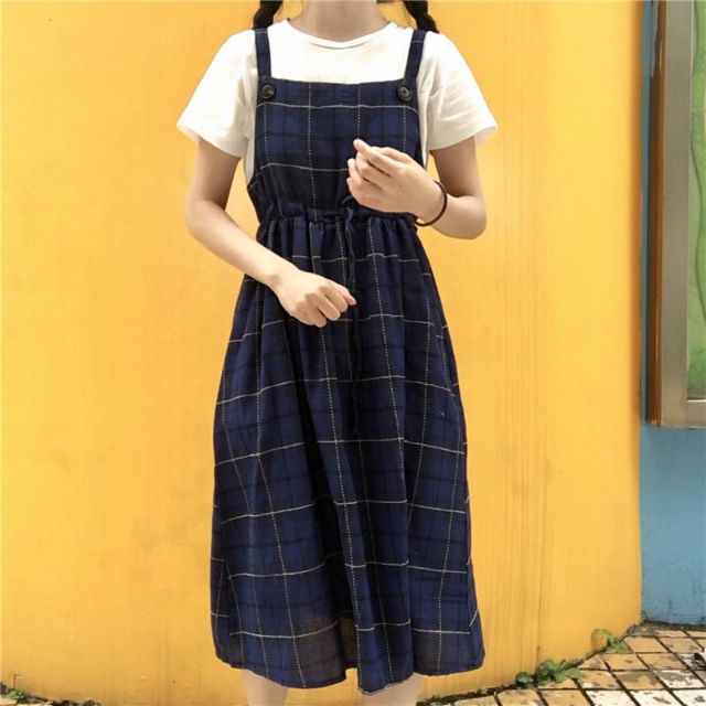 Hàng Sẵn_Yếm kẻ ulzzang thắt nơ eo phong cách hàn | BigBuy360 - bigbuy360.vn