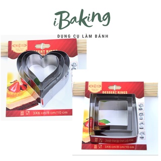 Bộ 3 khuôn Ring mousse hình tim, hình vuông làm bánh Mousse, Tiramisu