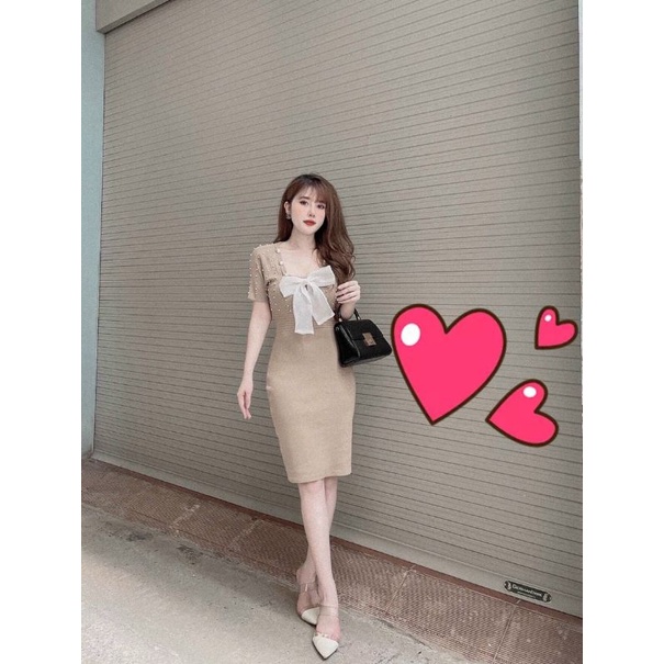 Váy len body💕đầm len tay lỡ,cổ nơ đính ngọc cực sang choảnh