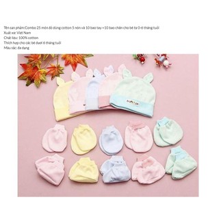 Combo 25 Món Đồ Dùng Sơ Sinh (5 Nón + 5 Đôi Bao Tay + 5 Đỗi Bao Chân Bo Màu) Cho Bé Từ 0-6 Tháng Tuổi