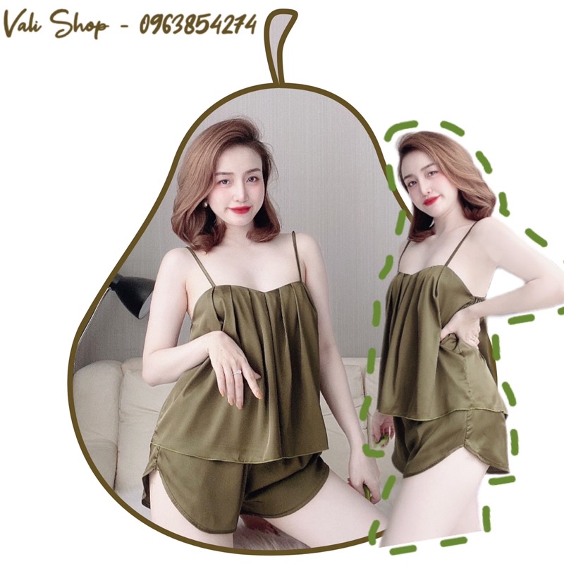 Đồ ngủ lụa latin 2 dây xếp ly quần lai cua freesize 42-57kg