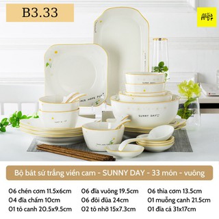 Bộ bát đĩa, bộ bát đĩa sứ xương trắng viền cam SUNNY DAY cho 4-6 người - phụ kiện bàn ăn và quà tặng tân gia