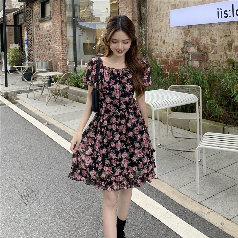 Đầm ZHELIHANGFEI chiffon có lớp lót tay ngắn phồng thiết kế trễ vai in họa tiết hoa thời trang