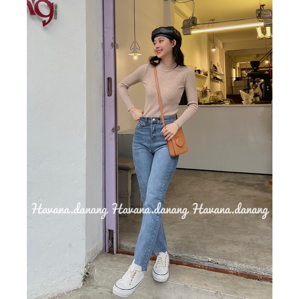 Quần jeans ống đứng lưng cao, co giãn [có sẵn, ảnh thật]