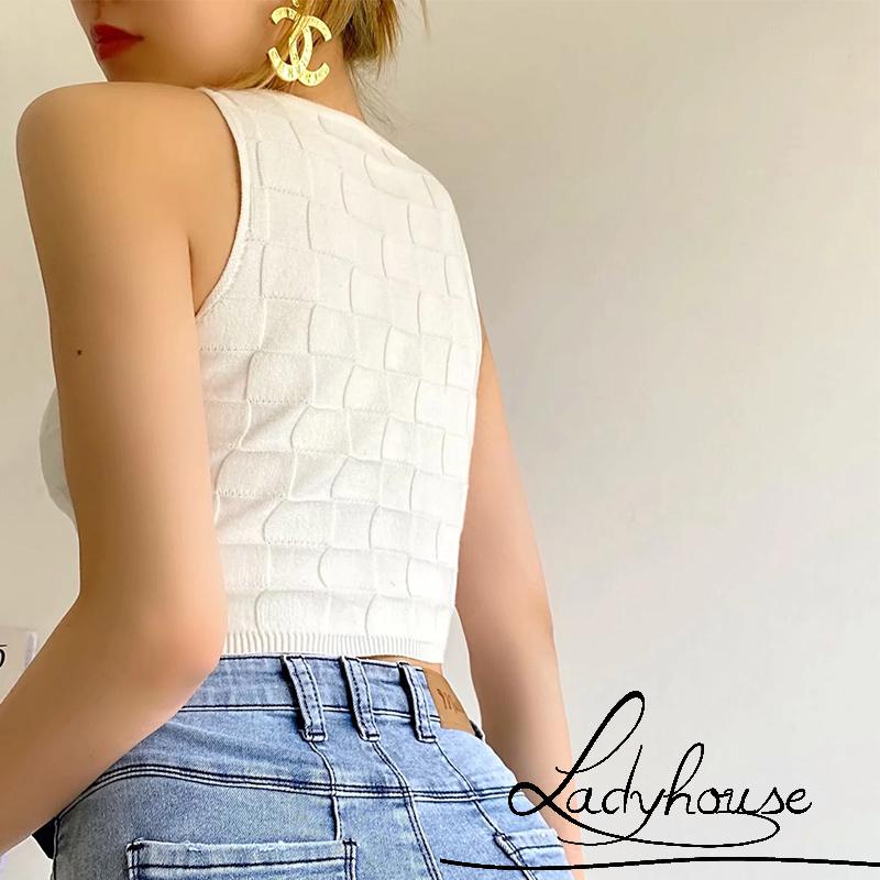 Áo Croptop Dệt Kim Không Tay Màu Trơn Họa Tiết Kẻ Sọc Cho Nữ