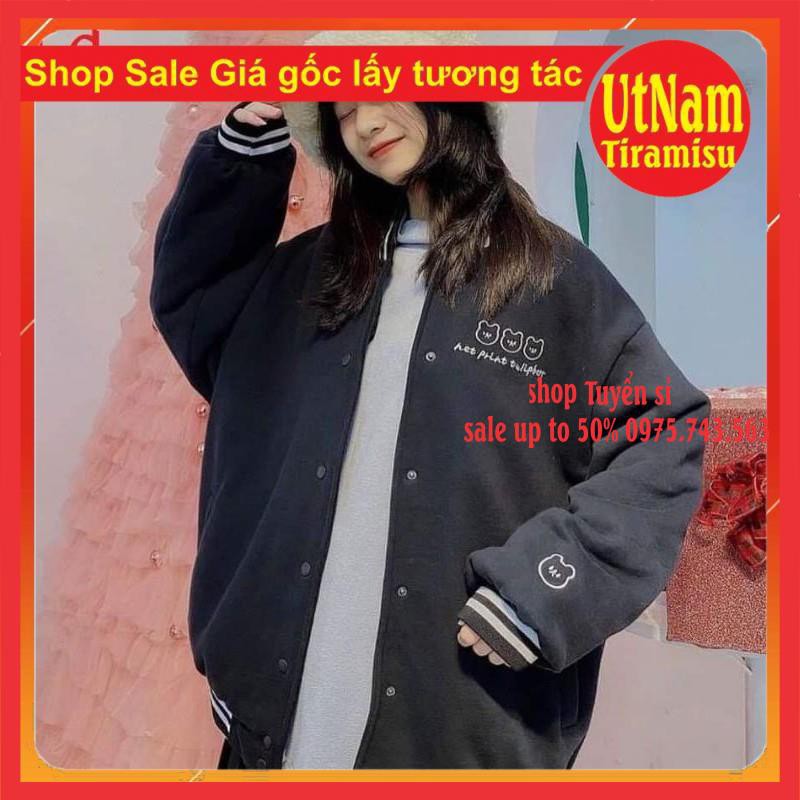 Áo khoác bomber jacket Nam nữ form thụng unisex giá rẻ Gấu In tay ngực