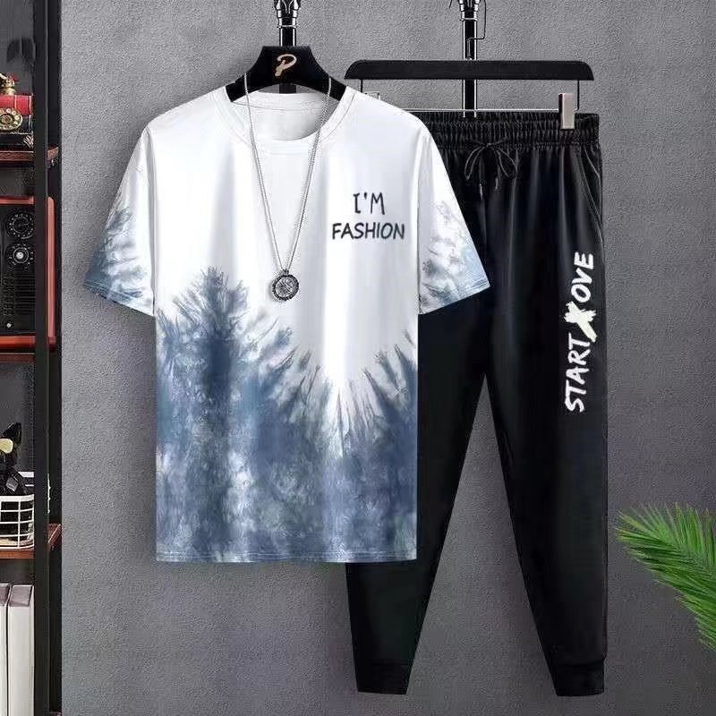 Bộ Áo Thun + Quần Dài Thể Thao In Họa Tiết Phong Cách Hip Hop Đường Phố Hàn Quốc Cỡ Lớn M-5XL Thời Trang Mùa Hè Cho Nam