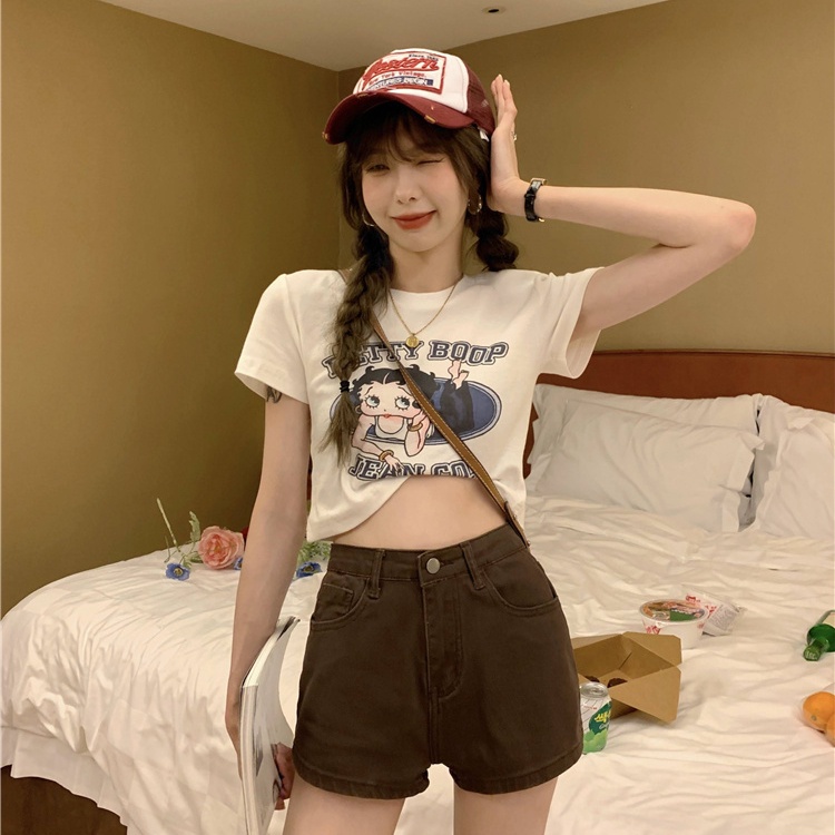 Quần ngắn SUXI vải denim lưng cao co giãn màu sắc trơn thời trang mùa hè dễ phối đồ cho nữ