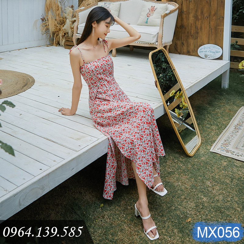Đầm maxi xẻ tà dàng dài, họa tiết hoa nhí màu đẹp, chất voan tơ cao cấp, váy 2 kiểu mặc: 2 dây và vai trần | MX056