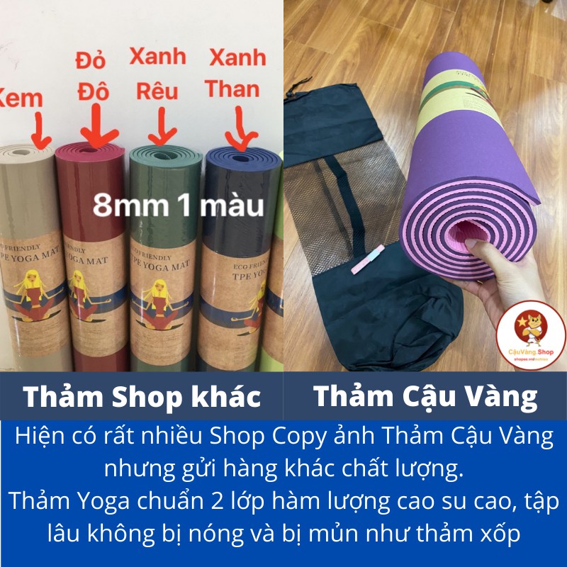 Thảm tập yoga chống trượt CẬU VÀNG tập gym, thể dục tại nhà cao cấp cao su non tấm TPE 2 miếng lớp lót dày 6mm 8mm 10mm