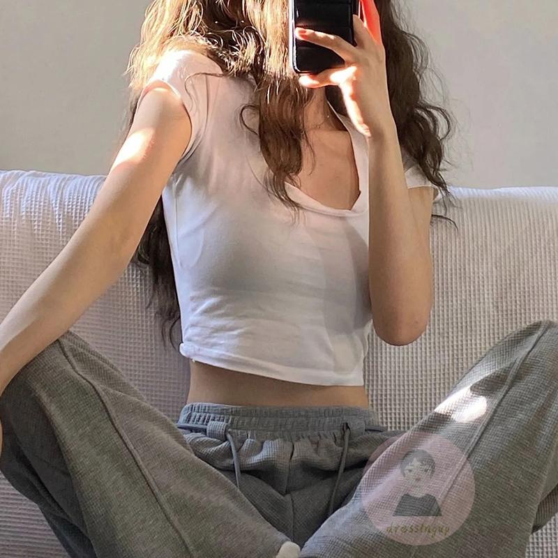 Áo Thun Tay Ngắn Cổ Chữ U Màu Sắc Trơn Thời Trang Mùa Hè Dành Cho Nữ