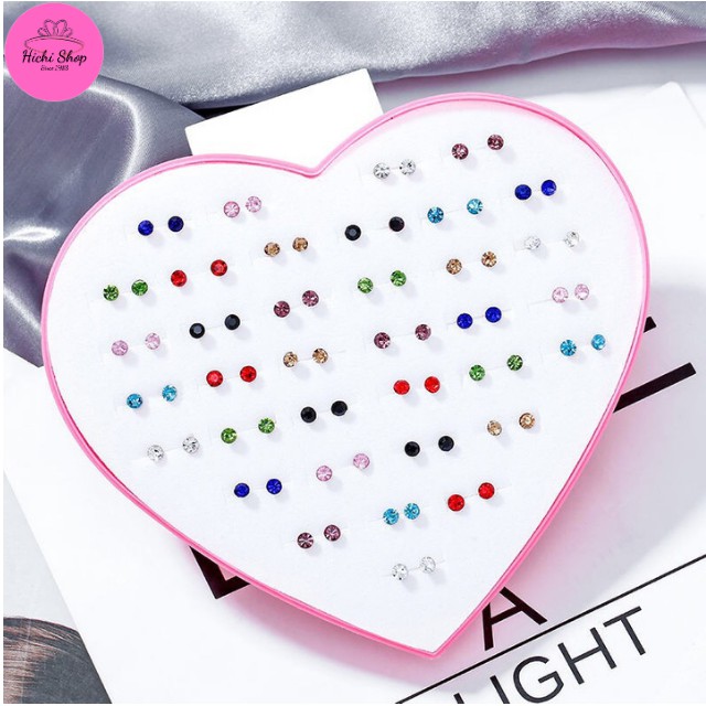 Set 36 đôi khuyên tai hộp trái tim, bông tai nhựa, hoa tai đính đá nhiều kiểu dáng