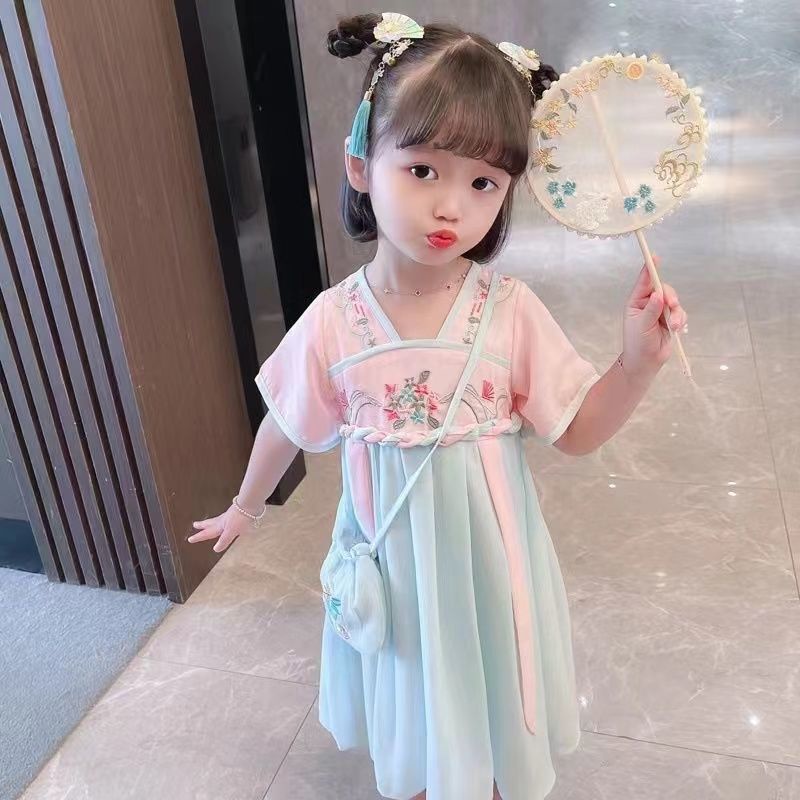 Spot Girls Váy Hanfu cho trẻ em Mùa hè mỏng tay ngắn Tang Phù hợp với phong cách Trung Quốc Siêu cổ tích Váy cổ yếm Cô gái nhỏ Váy voan công chúa 90-150 Yards