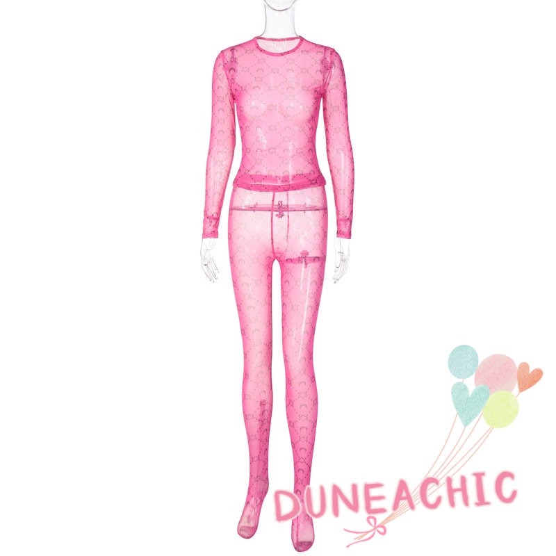 Set đồ DUNEA gồm áo thun tay dài xuyên thấu và quần dài lưng cao thời trang dành cho nữ