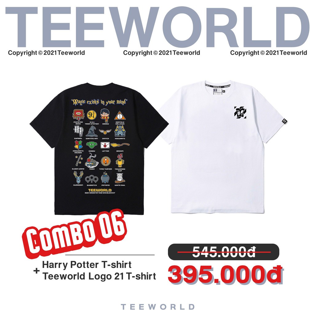 Combo 2 Áo thun Teeworld Harry Porter T-shirt và Teeworld Logo 21 Trắng và Đen Nam Nữ Form Rộng Unisex