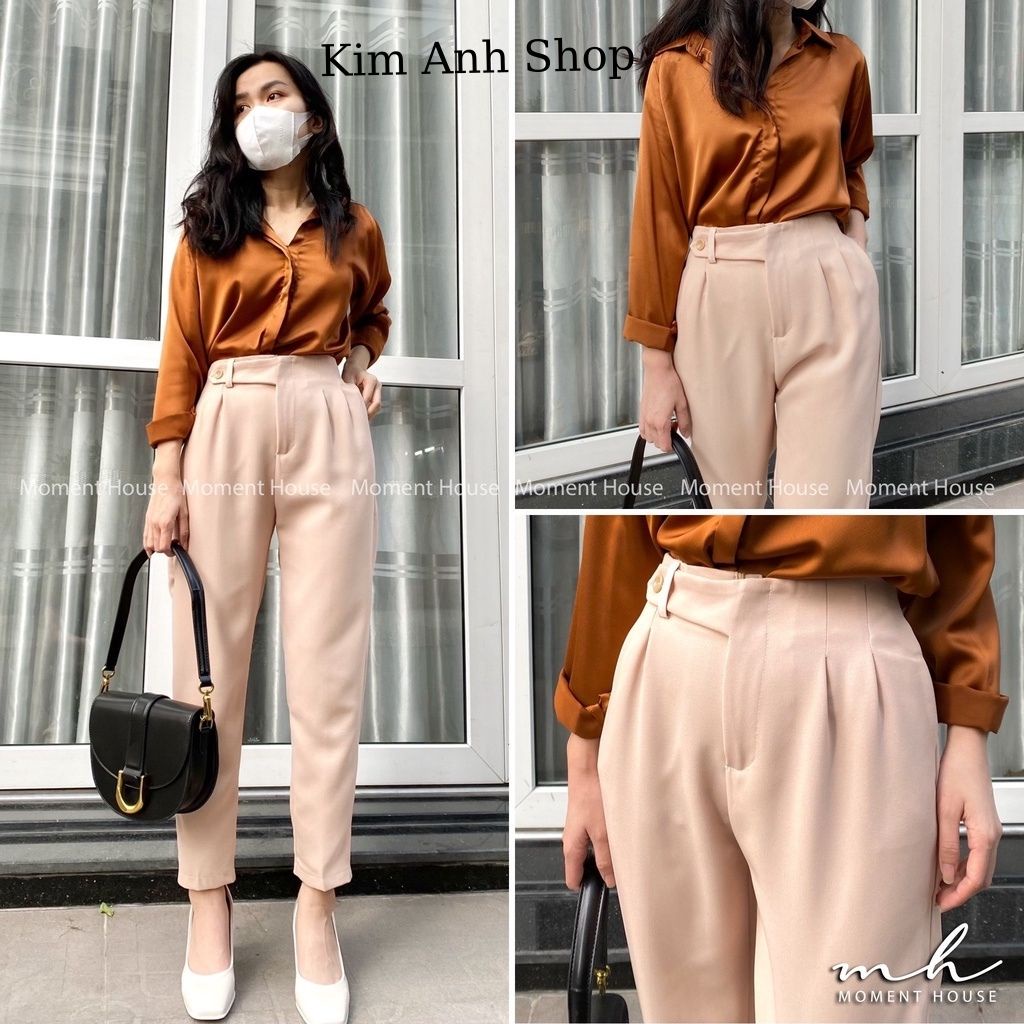 Quần baggy nữ hàng thiết kế cạp cao cách điệu khuy cài lệch,Quần tây lưng chun thoải mái,mặc đi làm,đi học_Kim Anh Shop