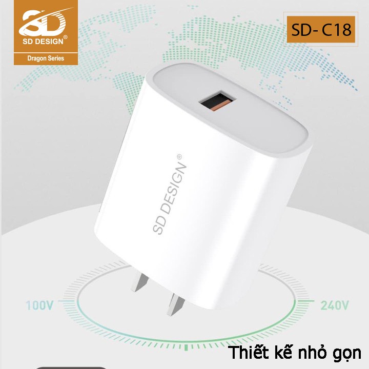 Củ sạc chính hãng SD DESIGN C18 tương thích tất cả các thiết bị di động : iphone, samsung, oppo. Bảo hành 1 đổi 1