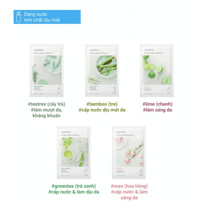 Mặt nạ giấy cấp nước & làm dịu da từ trà xanh innisfree My Real Squeeze Mask - Green Tea 20ml (new)