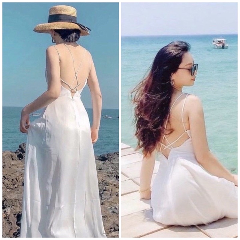 Đầm váy maxi trắng đi biển đan dây sau
