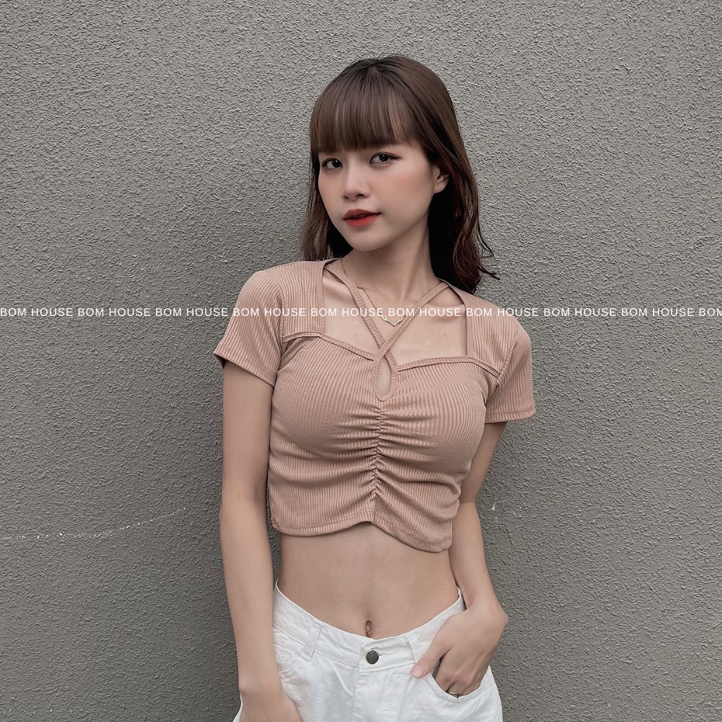 Áo Croptop Nữ Trơn Basic Dây Chéo BOM HOUSE Chất Liệu Thun Gân