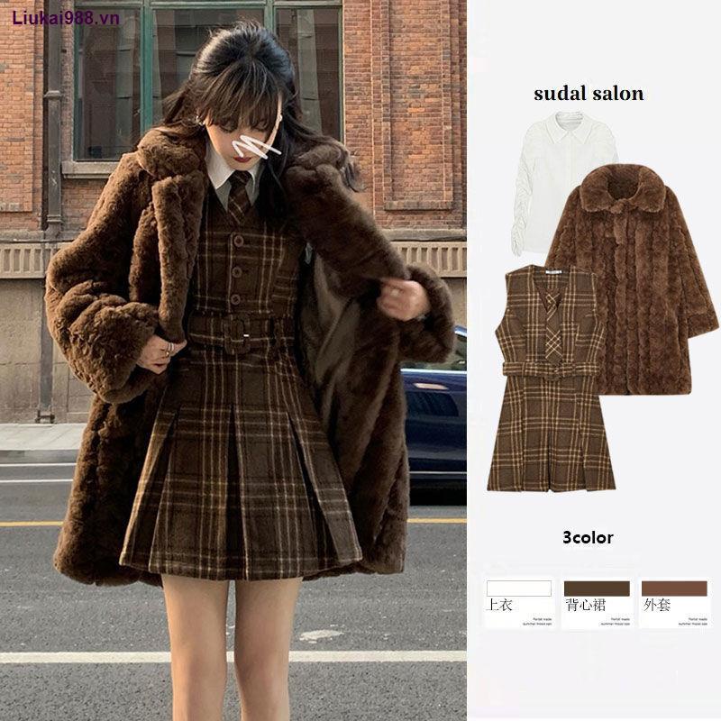 Set áo sơ mi tay phồng in họa tiết hoa hồng + chân váy xếp ly kẻ sọc thời trang mùa đông cho nữ