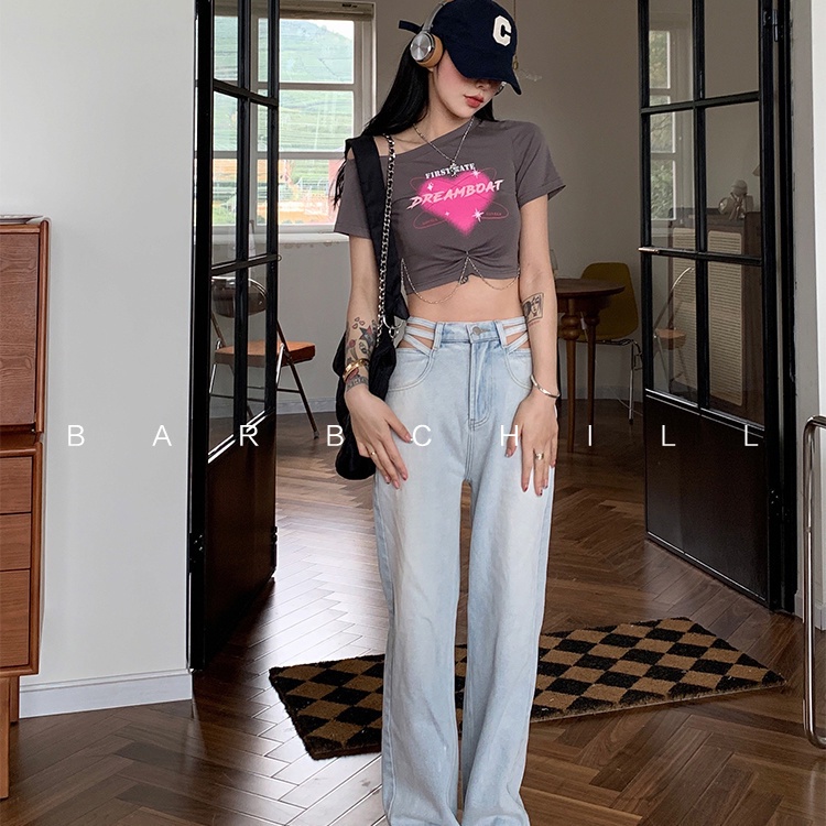 COZOK Áo Croptop Trễ Vai Tay Ngắn Hoạ Tiết Trái Tim Phong Cách Vintage