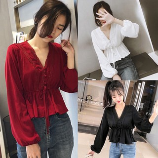 Áo kiểu tay dài cổ chữ V phong cách hàn quốc thanh lịch dành cho nữ