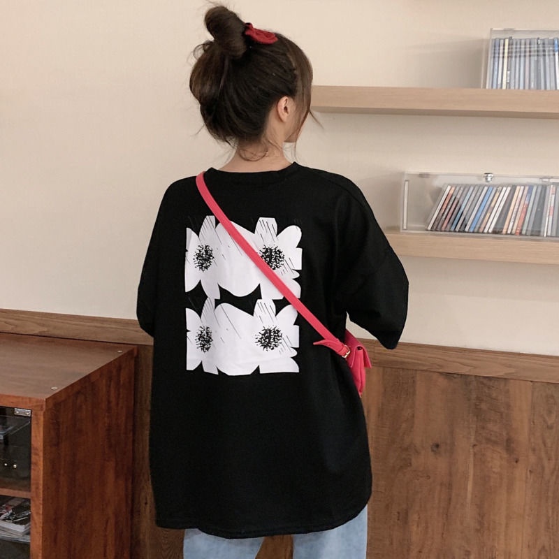 Áo Thun Ngắn Tay Cổ Tròn Dáng Rộng In Hoa Sau Lưng Phong Cách Hàn Quốc
