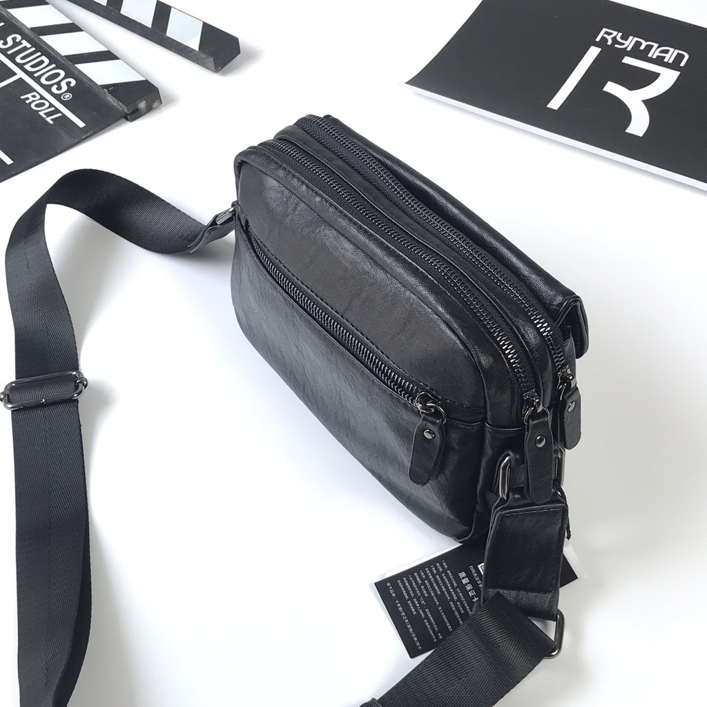 Túi nam đeo chéo đeo vai da PU trơn mềm cao cấp, màu đen 4 ngăn khóa kéo, dây đeo bền đẹp cho học sinh sinh viên đi chơi | BigBuy360 - bigbuy360.vn