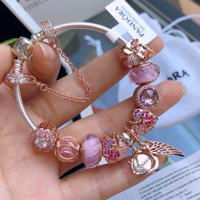Chính Hãng Pandora Vòng Tay Kết Hợp Charm Màu Hồng Phong Cách Mới