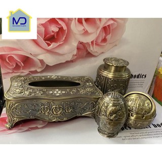 (siêu phẩm) Set 4 sản phẩm đồng khảm hoa văn họa tiết cổ | Set tăm, gạt tàn, lọ chè, hộp giấy Hoàng Gia