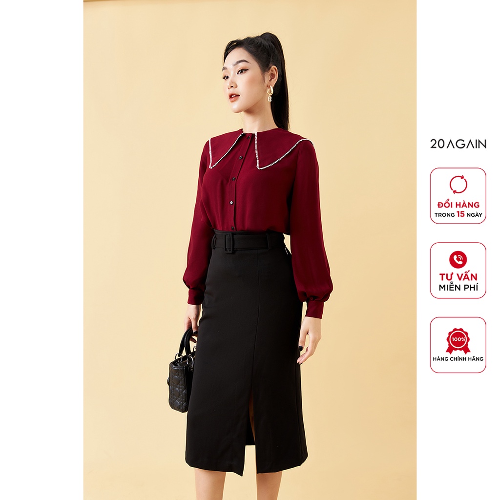 Áo sơ mi nữ dài tay cổ viền ren 20AGAIN,  thiết kế công sở thanh lịch, vải voan gân cao cấp ASA1922