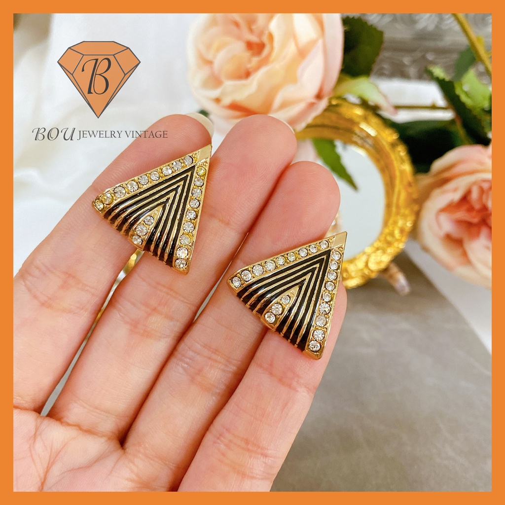 BÔNG TAI TAM GIÁC ĐÁ TRẮNG CỔ ĐIỂN SECONDHAND TRANG SỨC SI NHẬT BẢN BOU JEWELRY VINTAGE MÃ BT112