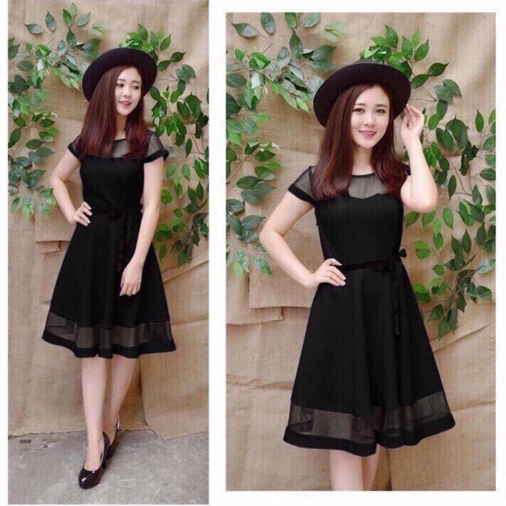 Đầm Xòe Phối Lưới Thời Trang Eo Thắt Dây