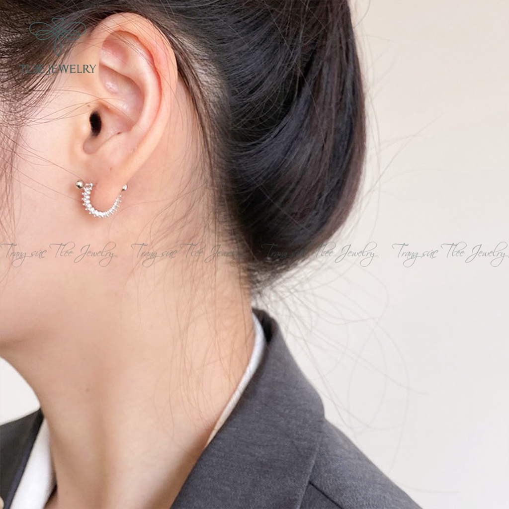 Khuyên tai bạc unisex TLEE cong nạm đá chốt vặn thẳng NCJ B0149