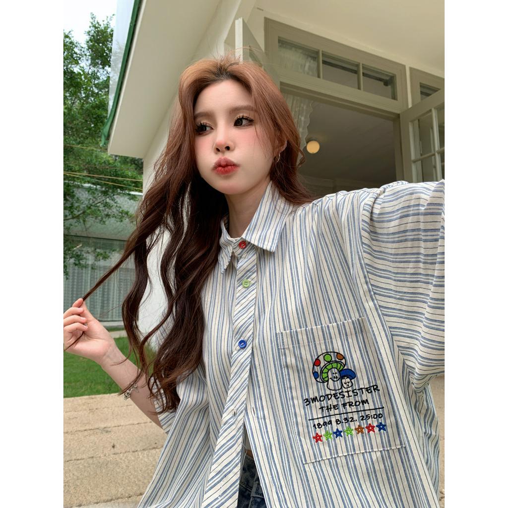 「 WELOVE1 」Áo Sơ Mi Ngắn Tay Họa Tiết Kẻ Sọc Thời Trang Mùa Hè 2023 Dành Cho Nữ
