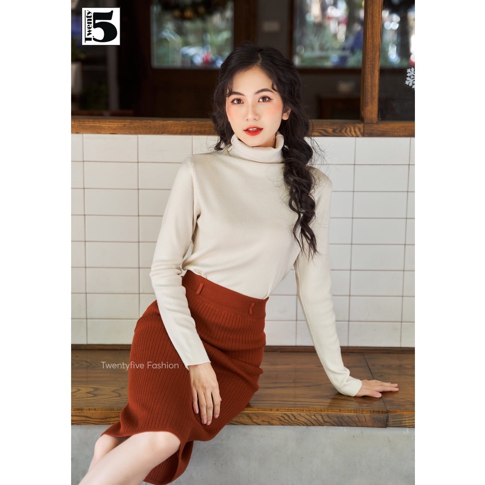 Áo len tăm nữ cổ cao tay dài dáng suông chất mịn Twentyfive 3941