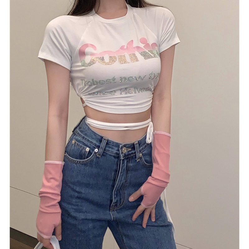 Áo Thun Tay Ngắn Thiết Kế Đan Dây Quyến Rũ Cho Nữ