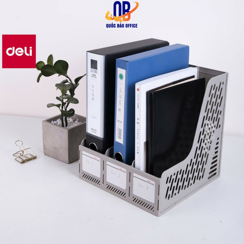 Giá tài liệu 3 ngăn đứng Deli, khay đựng hồ sơ, giấy tờ tiện dụng PP  màu ghi xám- E9845