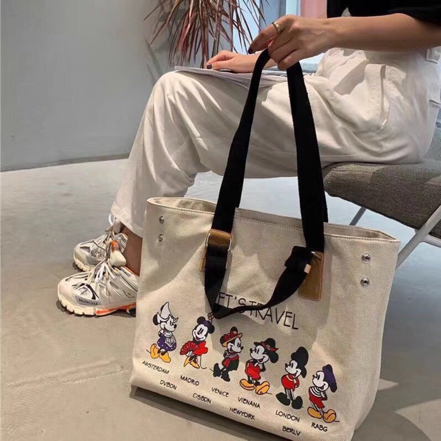 Túi vải in hoạ tiết mickey hoạt hình let’s travel TVB05  thời trang nữ Lae Store