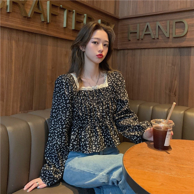 Áo Sơ Mi Ngắn Tay Dài Cổ Vuông In Họa Tiết Hoa Thời Trang Mùa Thu Kiểu Pháp Cổ Điển