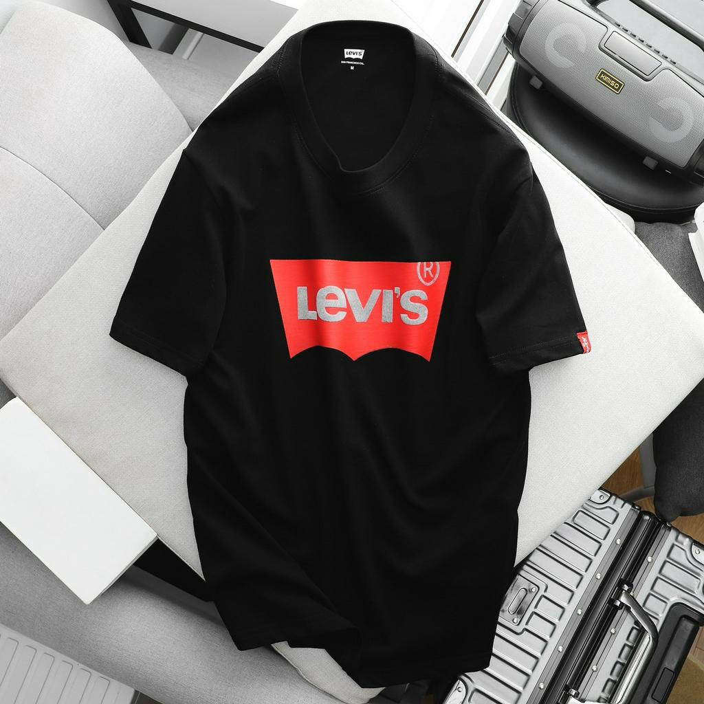 Áo thun ngắn tay cổ tròn cotton 2 chiều Le-vis Logo in nhung unisex
