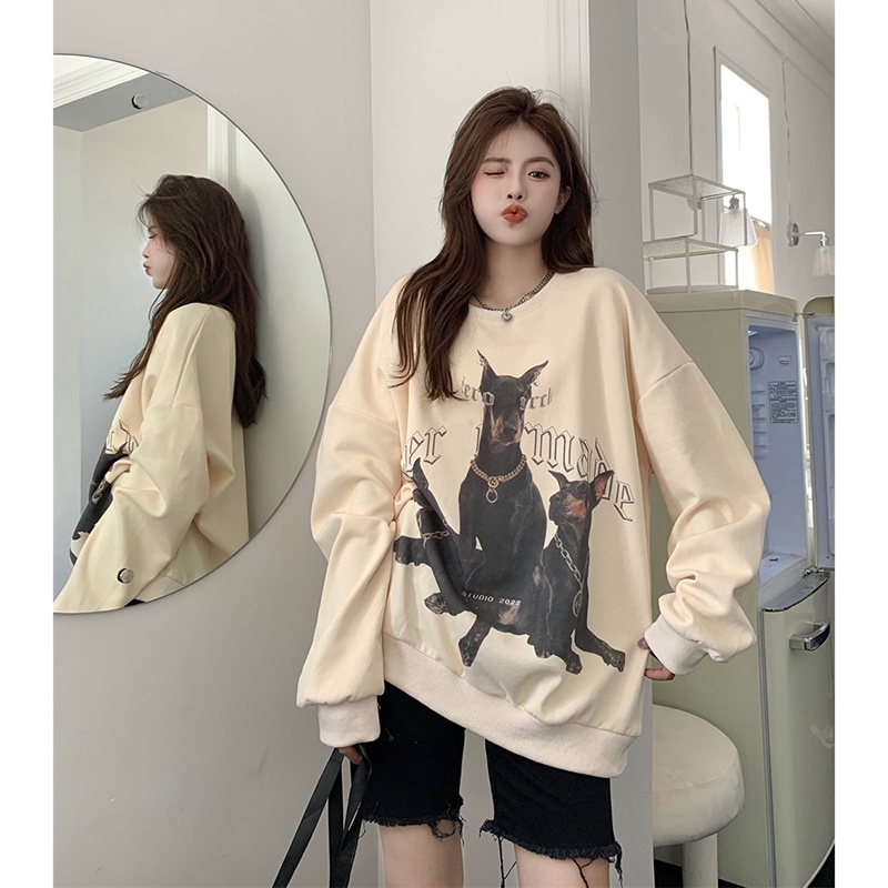 Áo len cổ tròn tay dài dáng rộng in họa tiết phong cách Mỹ cổ điển thời trang cho nữ