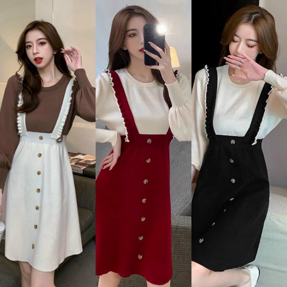Váy len dáng dài, váy yếm len phối cúc siêu xinh hàng form chuẩn chất len co giãn tốt  mặc đi chơi đi làm đều đẹp | BigBuy360 - bigbuy360.vn