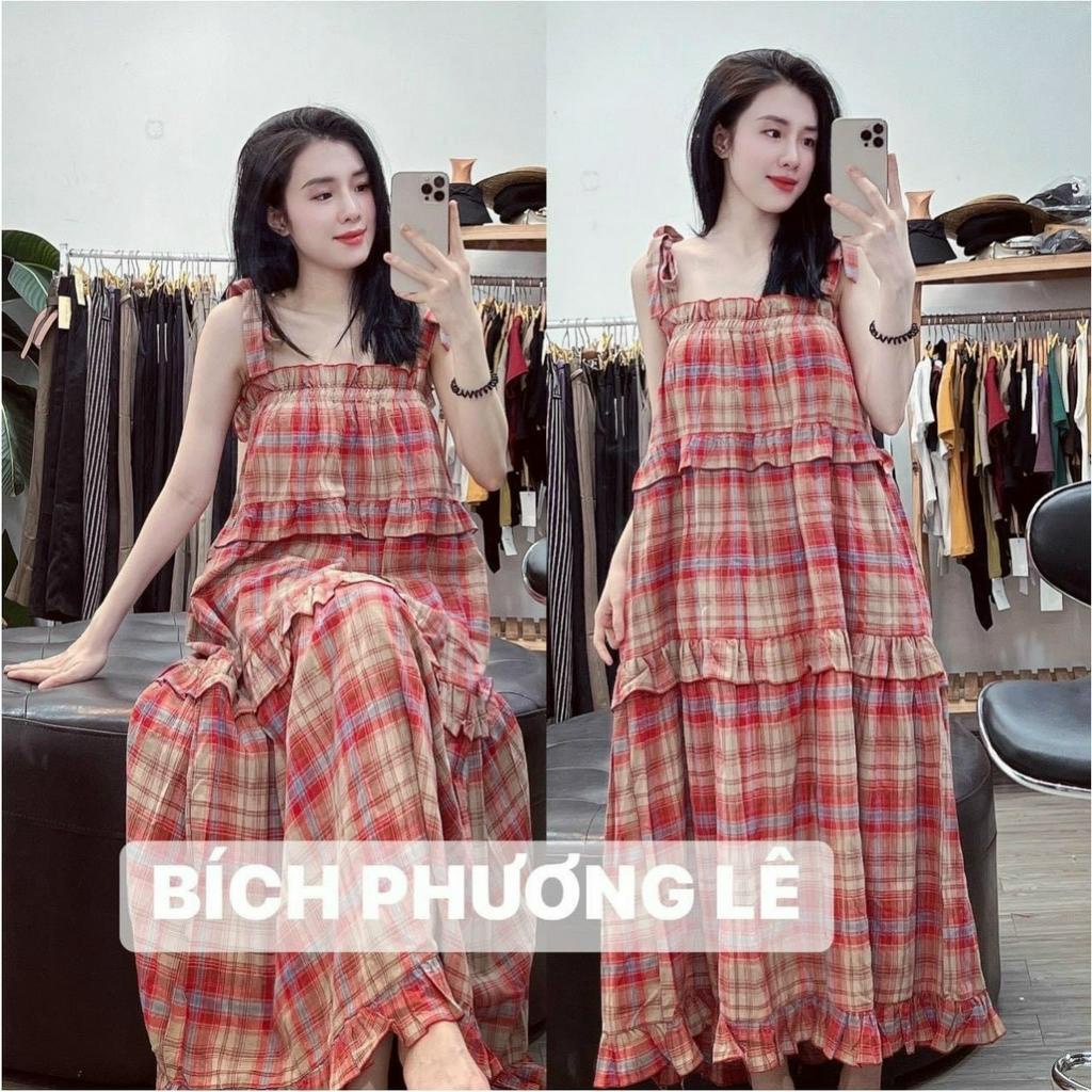 Váy  kẻ đỏ hai dây dáng rộng dài chuẩn ảnh MC711