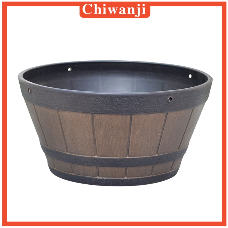 Resin  Barrel Planter Round Garden Flower Pot Decor Hangable Plant Container Busket Brown 12inch