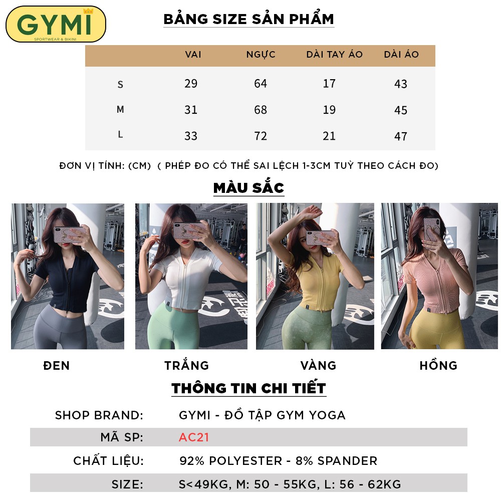 Áo tập gym yoga nữ GYMI AC21 dáng áo cộc ngắn tay chất thun gân có khoá kéo tập thể thao