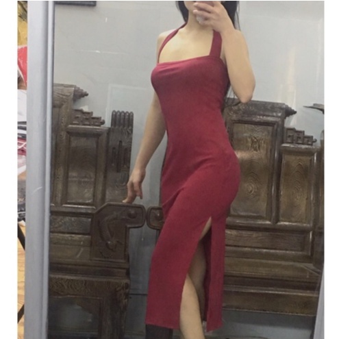 Đầm body cổ yếm dáng dài váy maxi cổ yếm xẻ tà