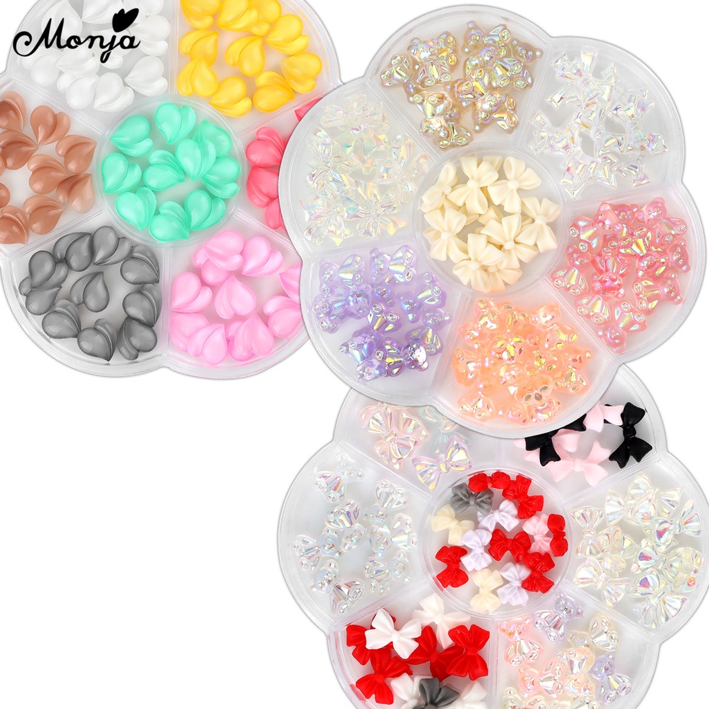 Phụ kiện đính trang trí móng tay Monja 7 ngăn hình gấu/ nơ/ bướm kim tuyến cực quang bằng hợp kim DIY